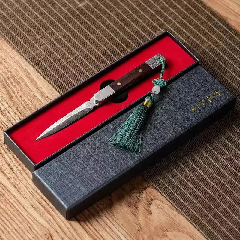 Zen Tea Knife Handmade Needle Black Sandalwood Damascus Pattern Steel Puer Tea Knife Tea Set Accessories Oasis Select