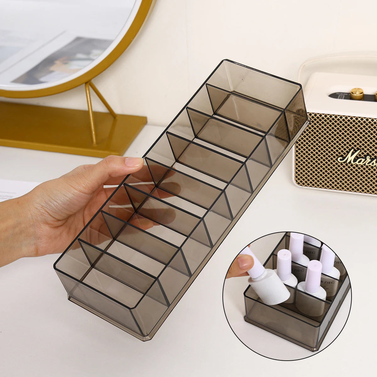 1pc translucent black 8 grid nail polish storage box desktop cosmetics lipstick storage box drawer type cosmetic bag organizer Oasis Select