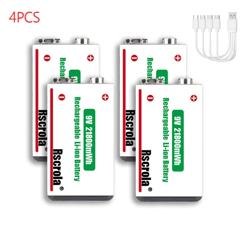 Rscrola USB 9V Rechargeable Battery 21800mWh USB Type-C Rechargeable 9V Li-ion Battery for RC Helicopeter Model Multimeter Toy Oasis Select 4 pcs 9V Batteries 9v