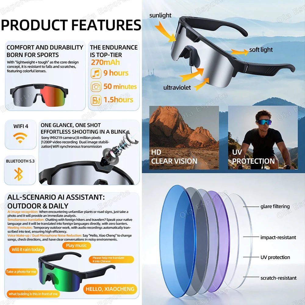 AI Smart Glasses 8MP Camera Bluetooth Translation | Ola Esporte