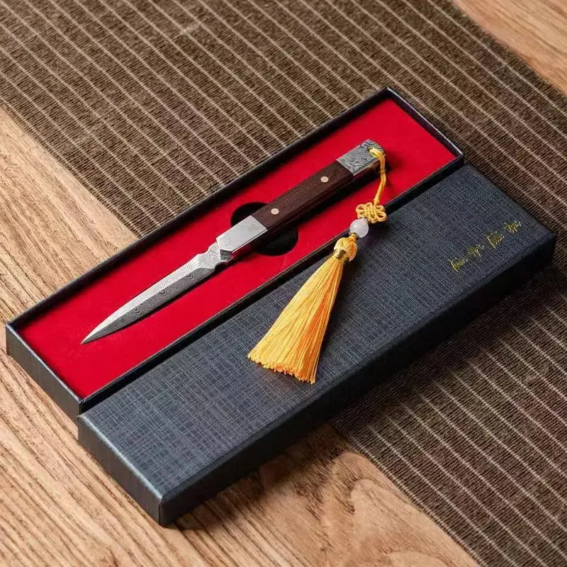 Zen Tea Knife Handmade Needle Black Sandalwood Damascus Pattern Steel Puer Tea Knife Tea Set Accessories Oasis Select Style B 17x1.5cm