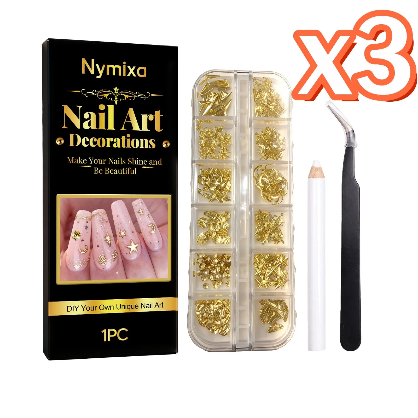 Nymixa DIY Nail Art Kit – 12 Color Pens & Glitter Decorations Nail Art Kit Oasis Select Decorations Kit x 3