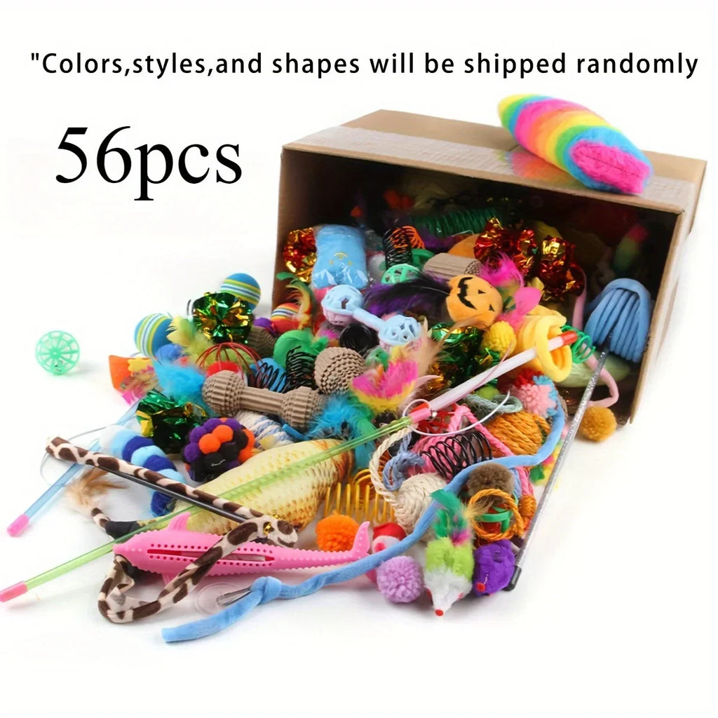 56pcs/28pcs/14pcs Kitten Toys Variety Pack-Pet Cat Toys Combination Set Cat Toy Funny Cat Stick Mouse Bell Ball Cat Supplies Oasis Select 56pcs
