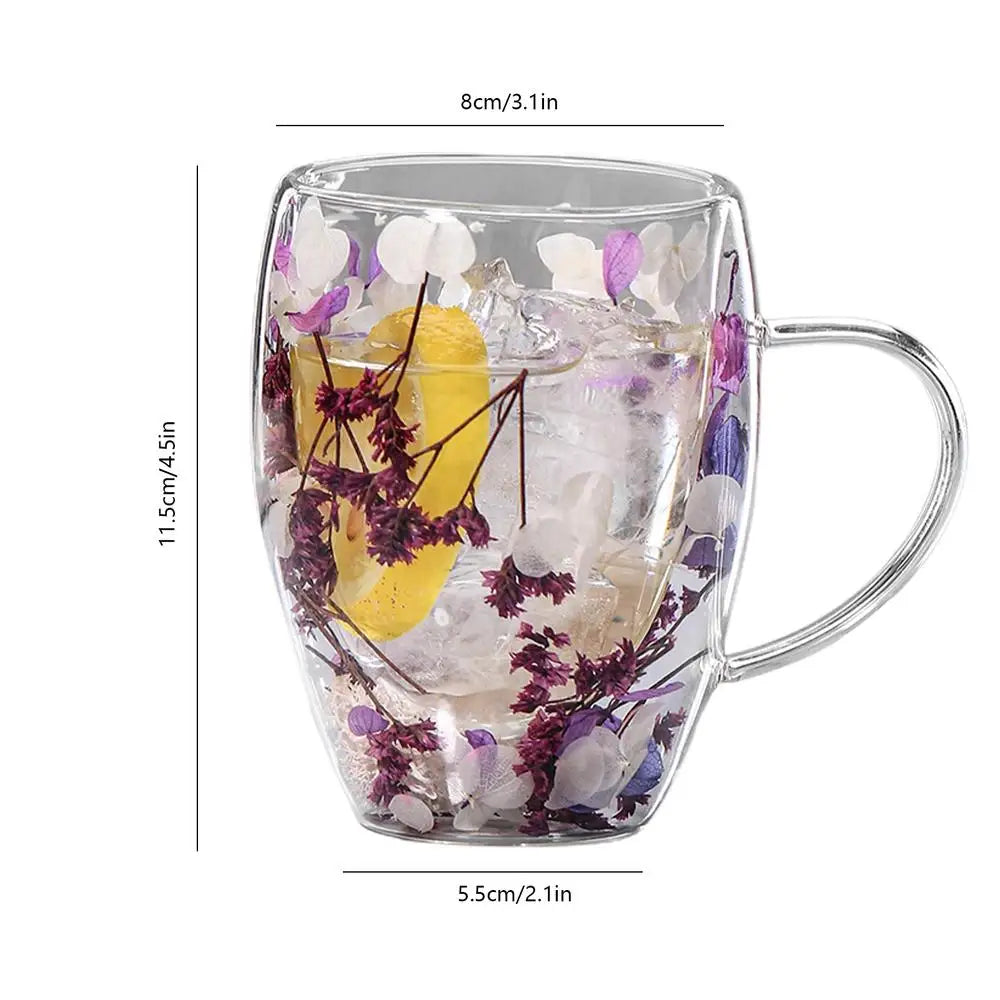 Double Wall Glass Cup Dried Flowers Glass Cup 350ml Anti-Scalding Mug Coffee Mug for Milk Chocolate Tea Juice Hot Cold Beverages Oasis Select Purple 301-400ml
