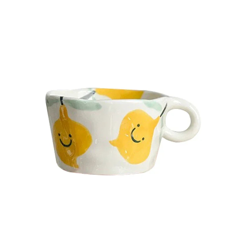 300ML Ceramic Mugs Hand Pinched Irregular Mug Hand-painted Strawberry Flower Coffee Cup Breakfast Milk Afternoon Tea Cup Gift Oasis Select Lemon 300ML