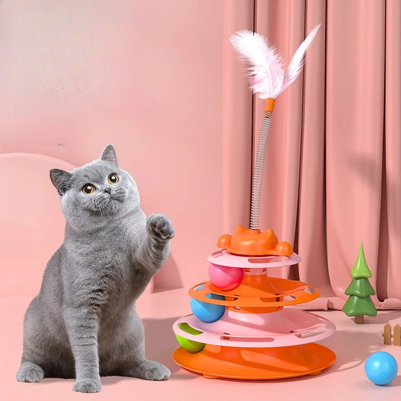 1pcs 4-Layer Feather Cat Turntable With Fun Toy Ball And Playing Stick - Interactive Toy For Cats Oasis Select Orange