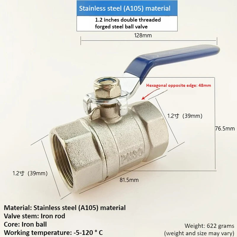 Stainless Steel Double Inner Thread Ball Valve 1/2 "3/4" 1 1.2 1.5 2 Inch BSPT Diameter Ball Valve Water Gas Oil Switch Oasis Select DN32 1.2 inches Double inner thread