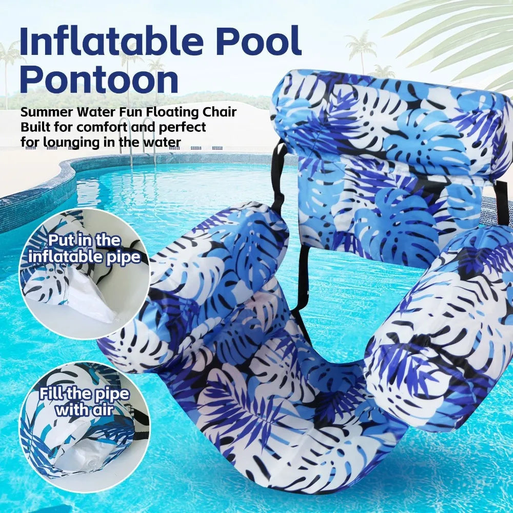 Inflatable Pool Floating Chair, 3 Airbags Anti-tip Leaf Print Floating Lounge, Water Hammock for Pool Beach Summer Water Play Oasis Select