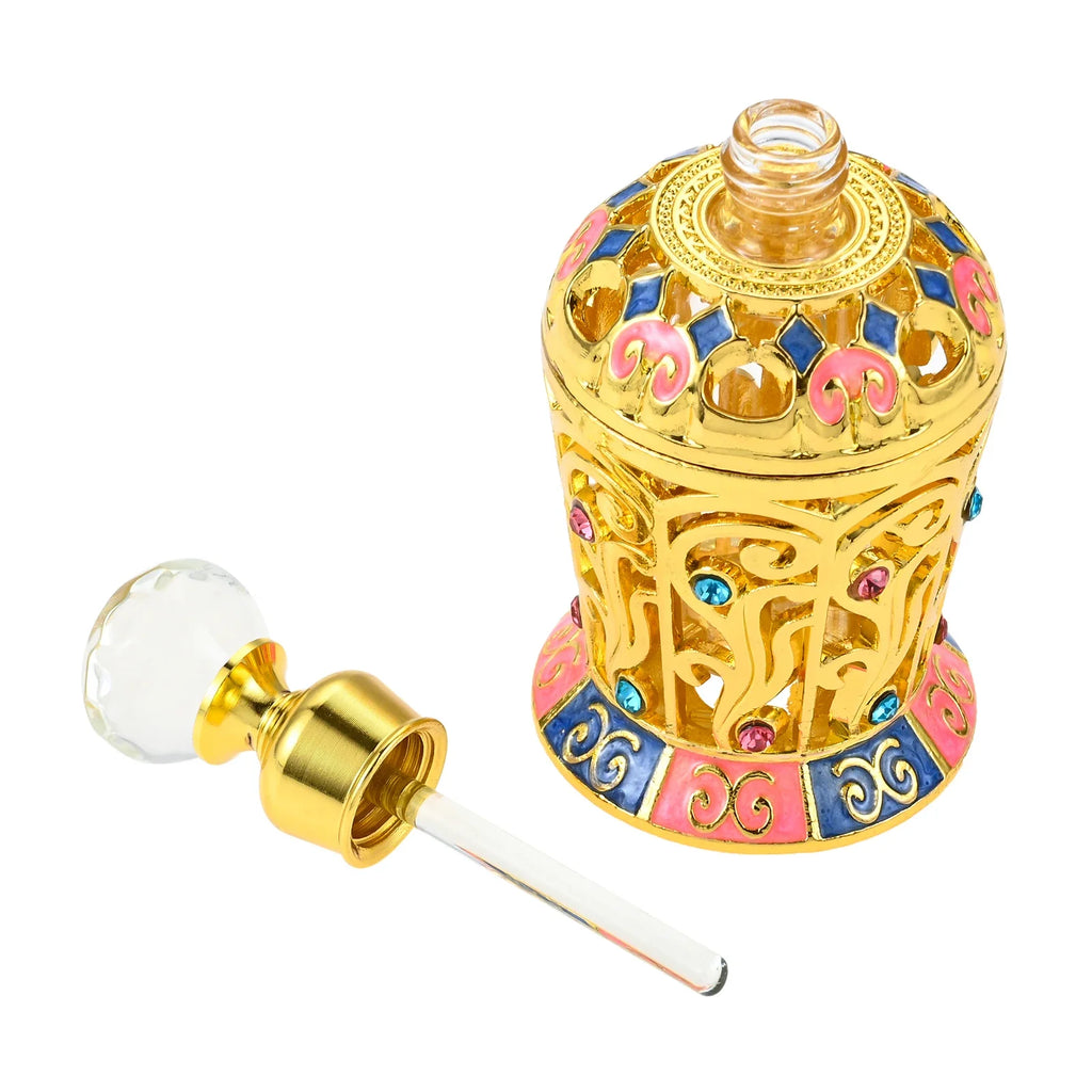 12ml Empty Perfume Bottle Golden Hollow Enamel Flower Glass & Metal & Crystal Decor SPA Refilling Lotion Essential Oil 93mm/3.7" Oasis Select