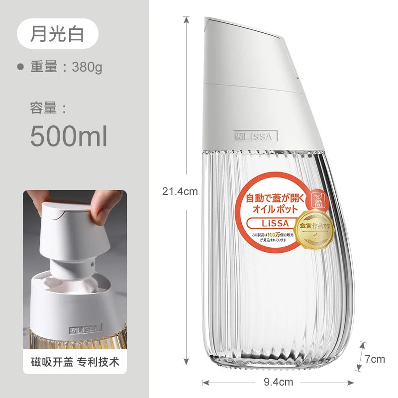 LISSA Glass Oil Pot, Anti-leakage Bottle, Household Kitchen Large Oil Tank, Gravity Automatic Opening and Closing Oil Container Oasis Select White