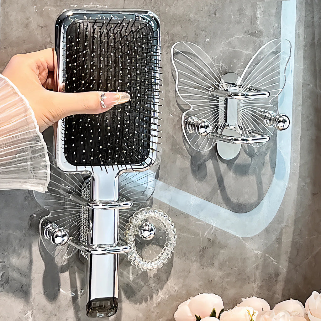 Light Luxury Butterfly Comb Storage Shelf Wall Hanging Perforated Free Bathroom Headstring, Hair Band, Hair Ring Storage Hook Oasis Select