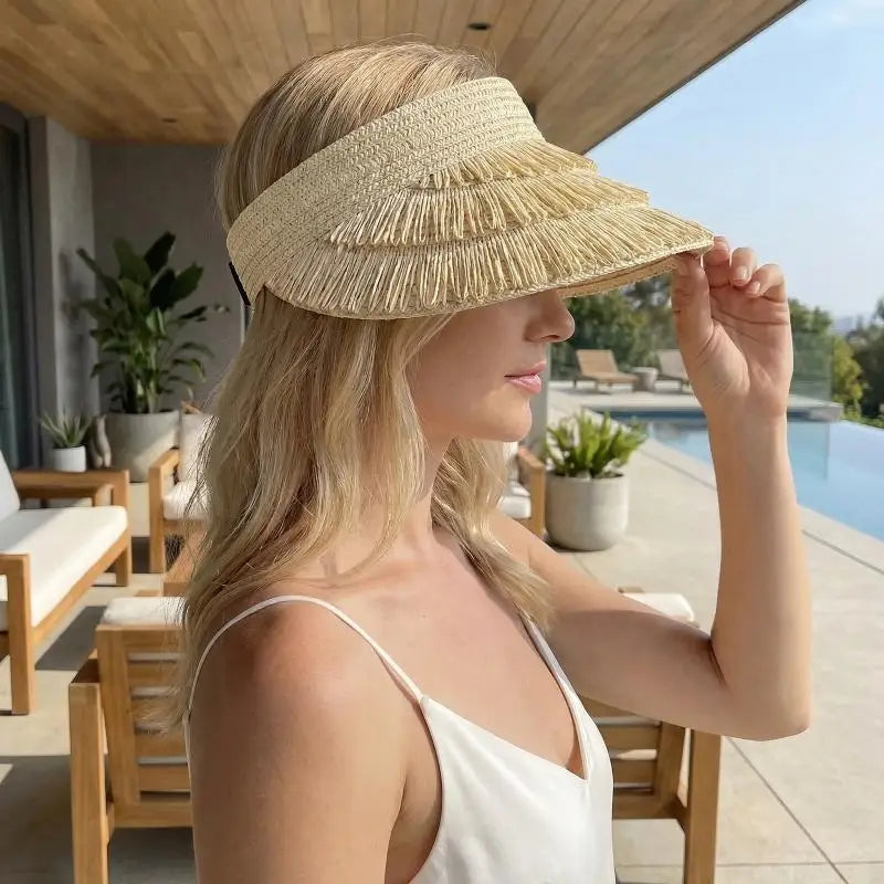 Straw Hat Women Summer Fashion Fringe Sun Protection Wide Brim Lightweight Designer Brand Adjustable For Beach Activities Oasis Select