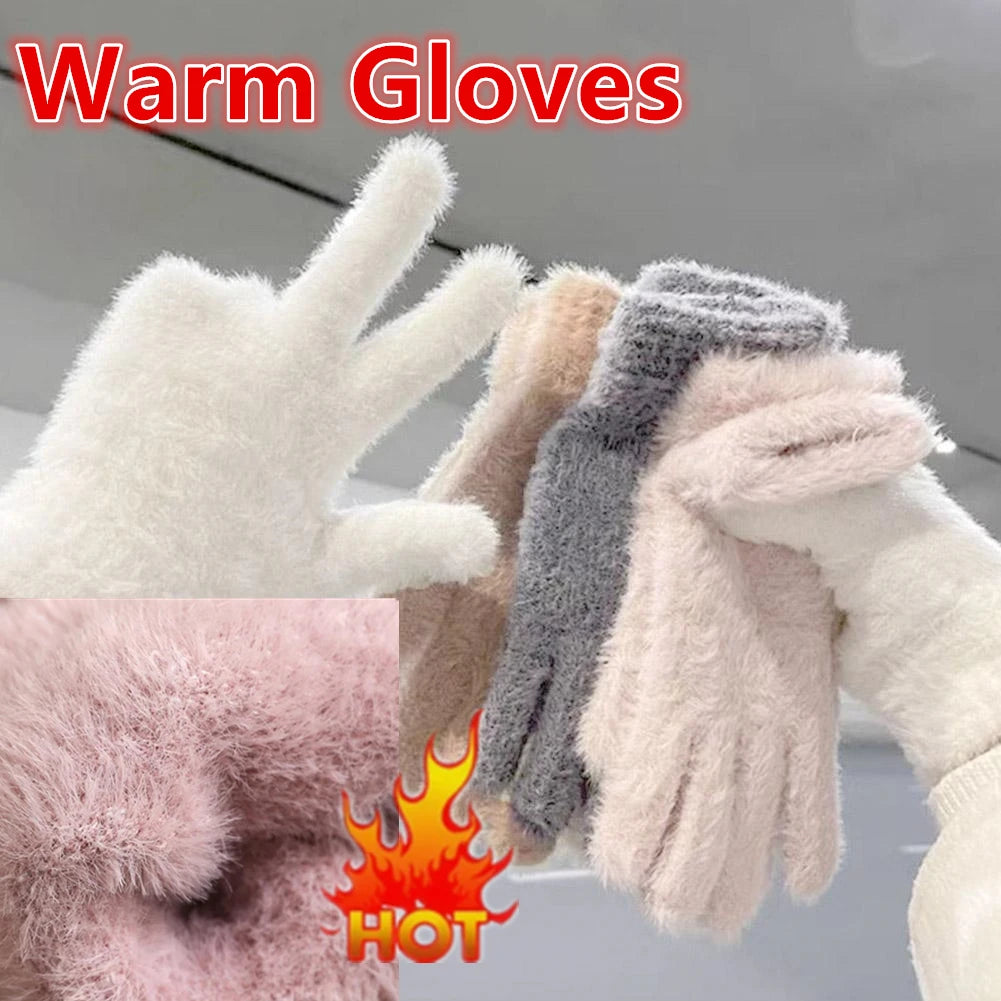 Fashion Winter Mink Velvet Five Finger Gloves Plush Warm Cold-proof Gloves Women Outdoors Cycling Solid Color Mittens Oasis Select