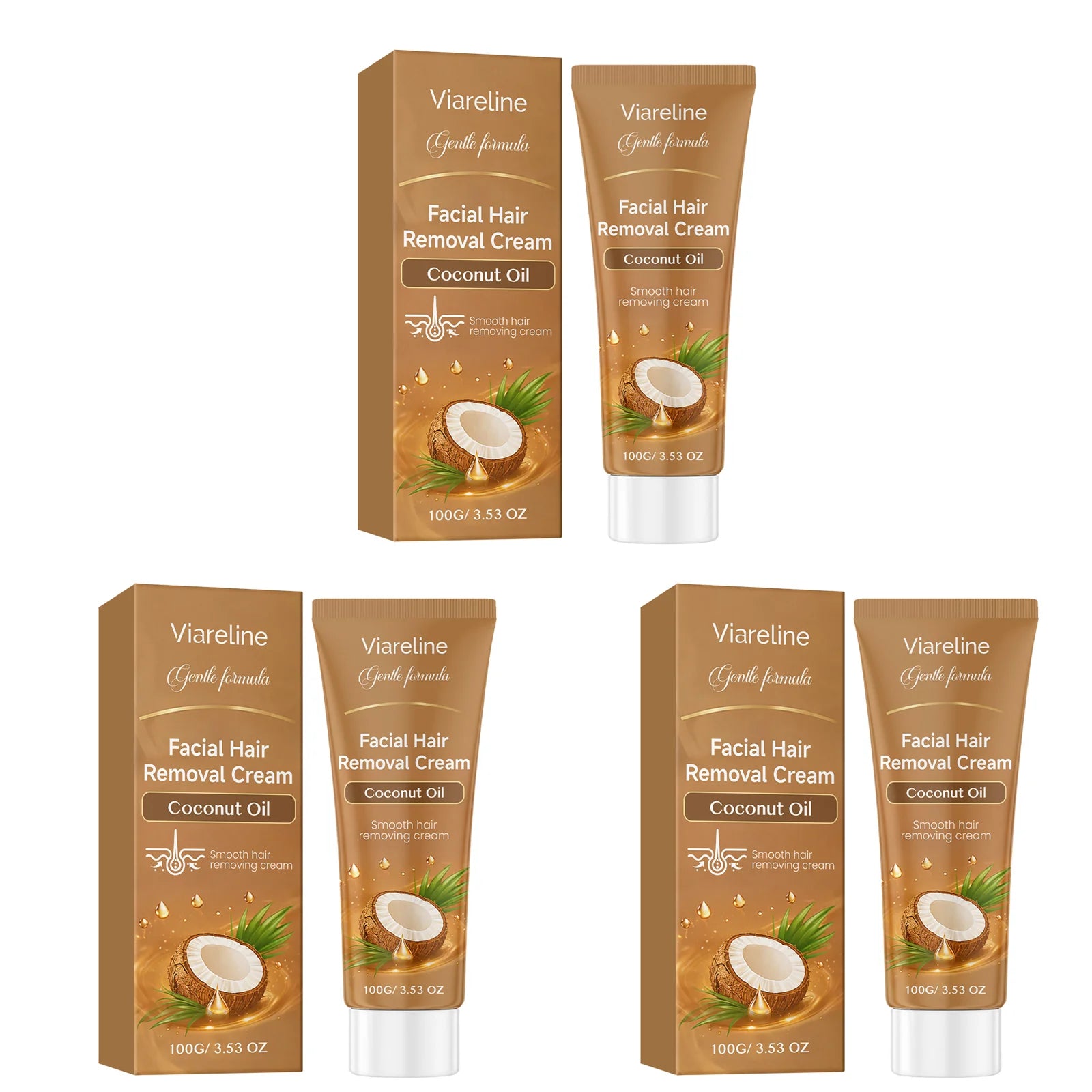 VIARELINE Coconut Oil Facial Hair Removal Cream – Painless Facial Depilatory Cream Oasis Select 3pcs