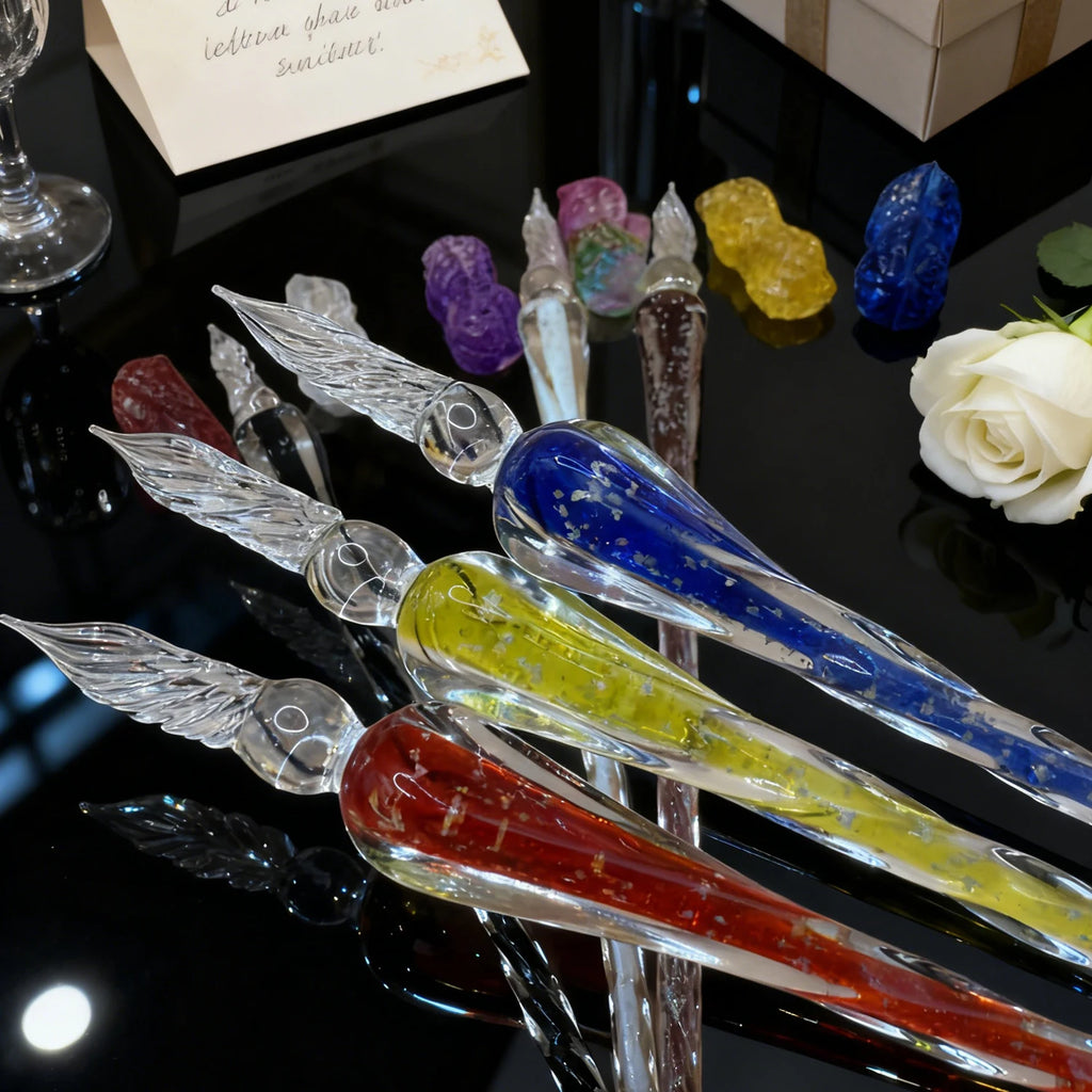 Handmade glass dip pen, Christmas crystal glass signature calligraphy vintage dip pen with peanut-shaped pen holder, ideal gift. Oasis Select