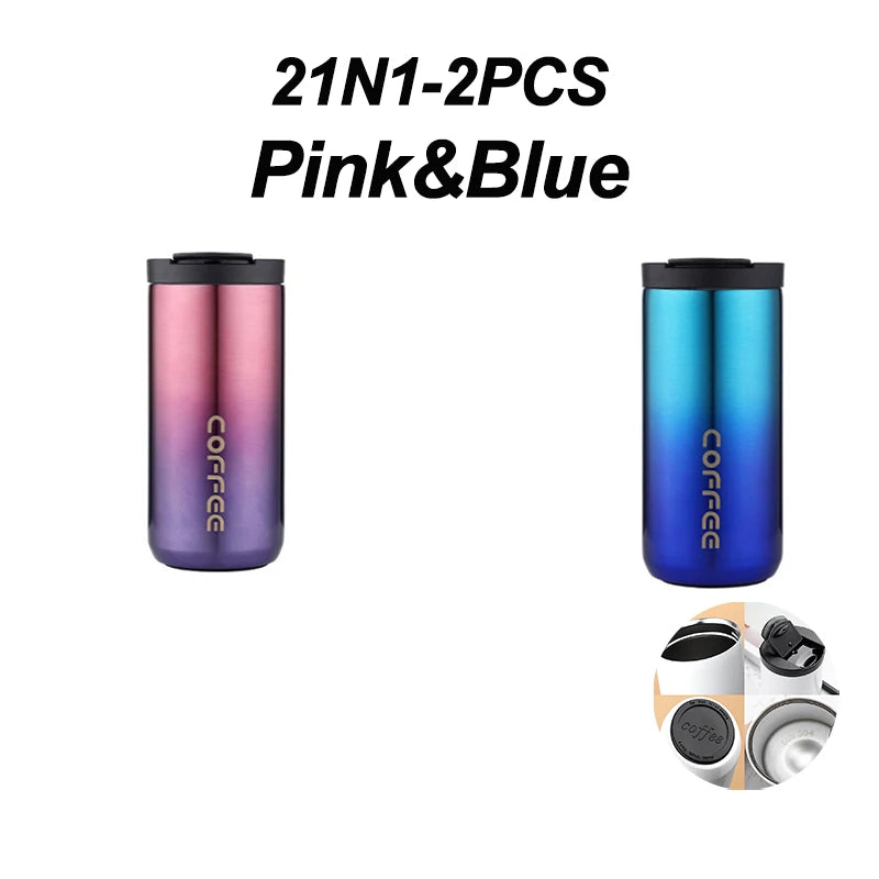 Stainless Steel Coffee Thermos Bottle Thermal Mug Leakproof Car Vacuum Flasks Coffee Cup Travel Portable Insulated Bottles Oasis Select Pink-Blue-2PCS <500ml