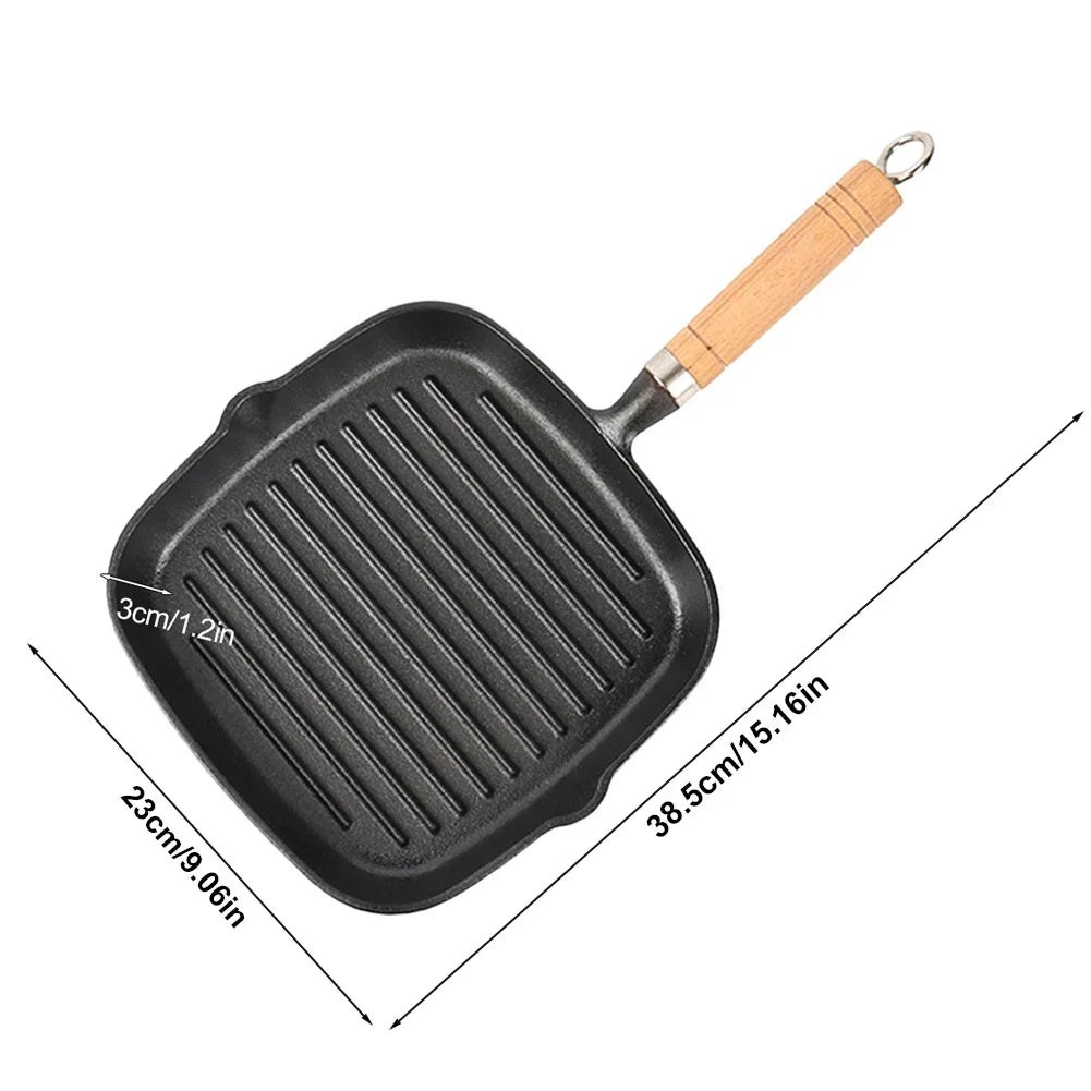 Cast Iron Grill Pan Non-Stick Square Skillet with Drip Spout with Wooden Handle for Indoor & Outdoor Grilling Oasis Select 22cm