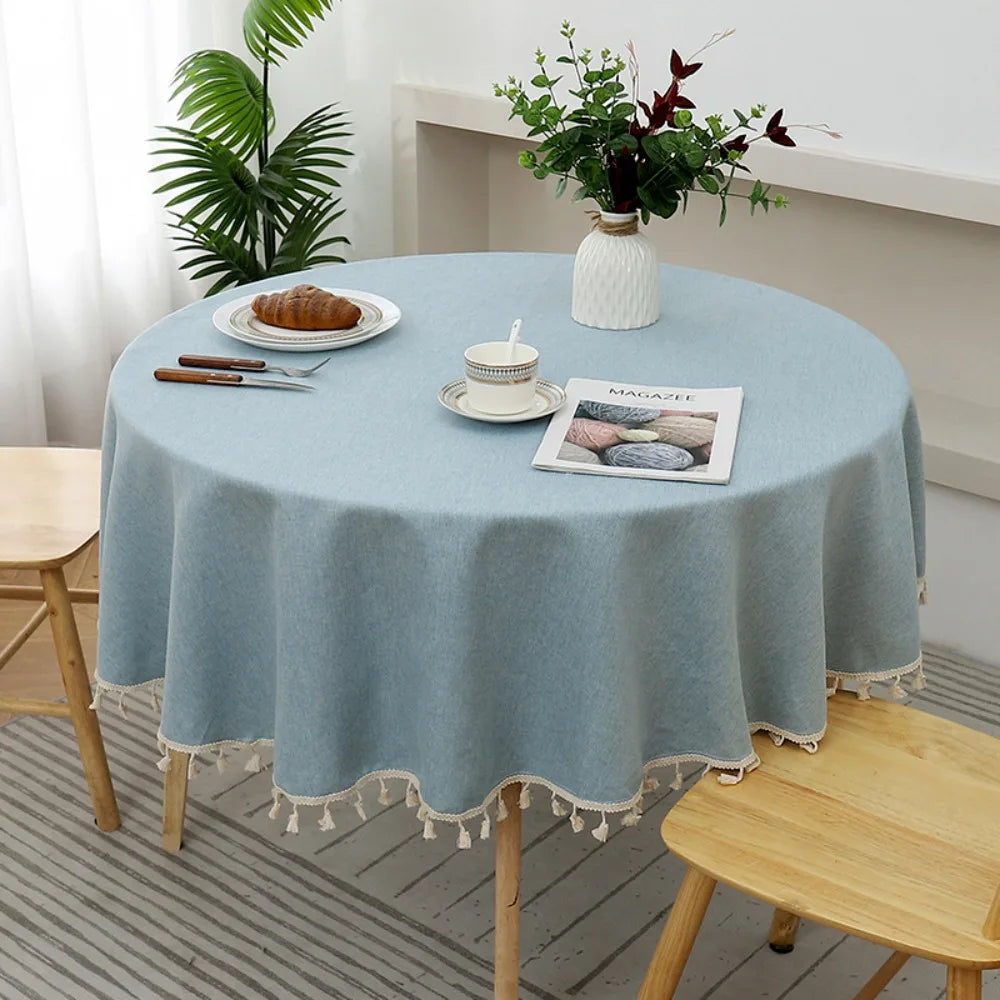 Round Cotton Linen Tablecloth with Tassels | Waterproof & Dustproof Round Tablecloth Oasis Select Blue 120CM
