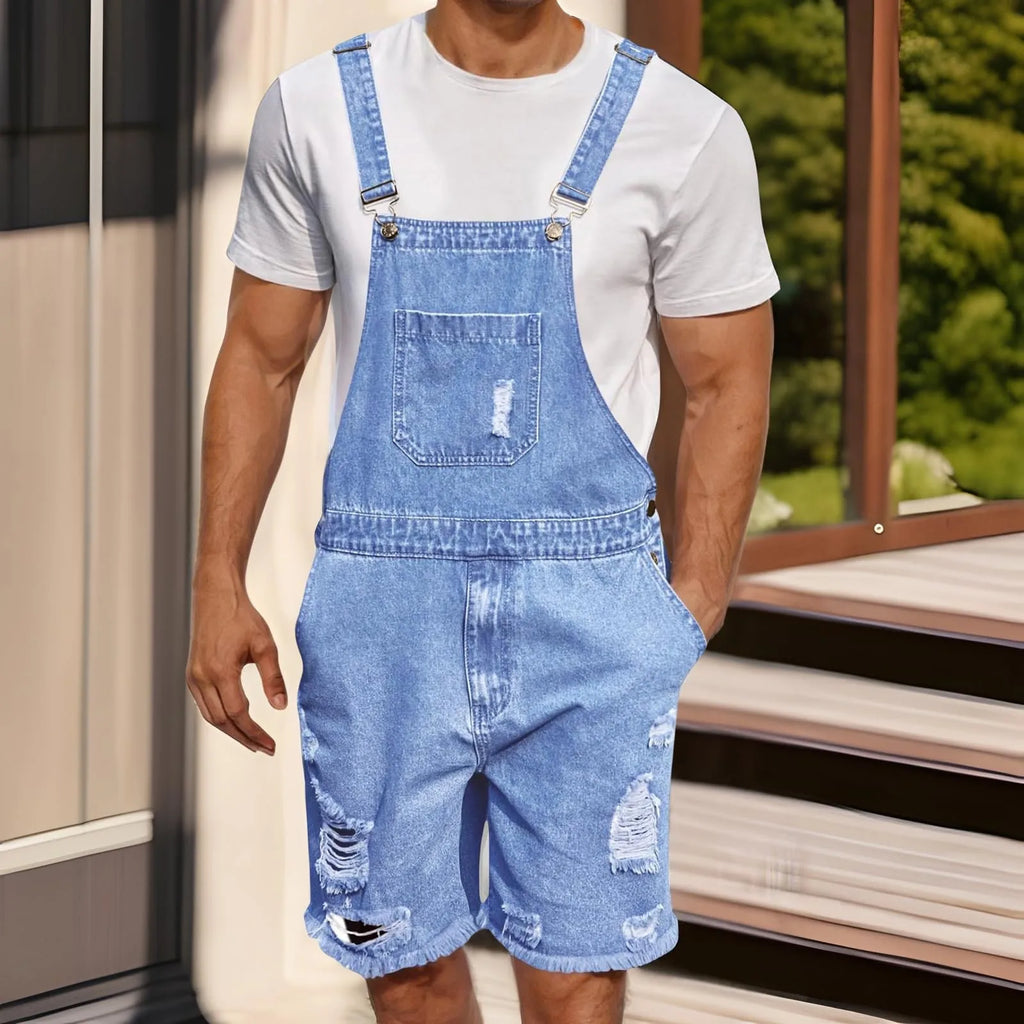 Summer Men's Vintage Jeans Overalls Elastic Denim Jumpsuit With Pockets Men Casual Button Suspenders Short Pants Oasis Select Light Blue L