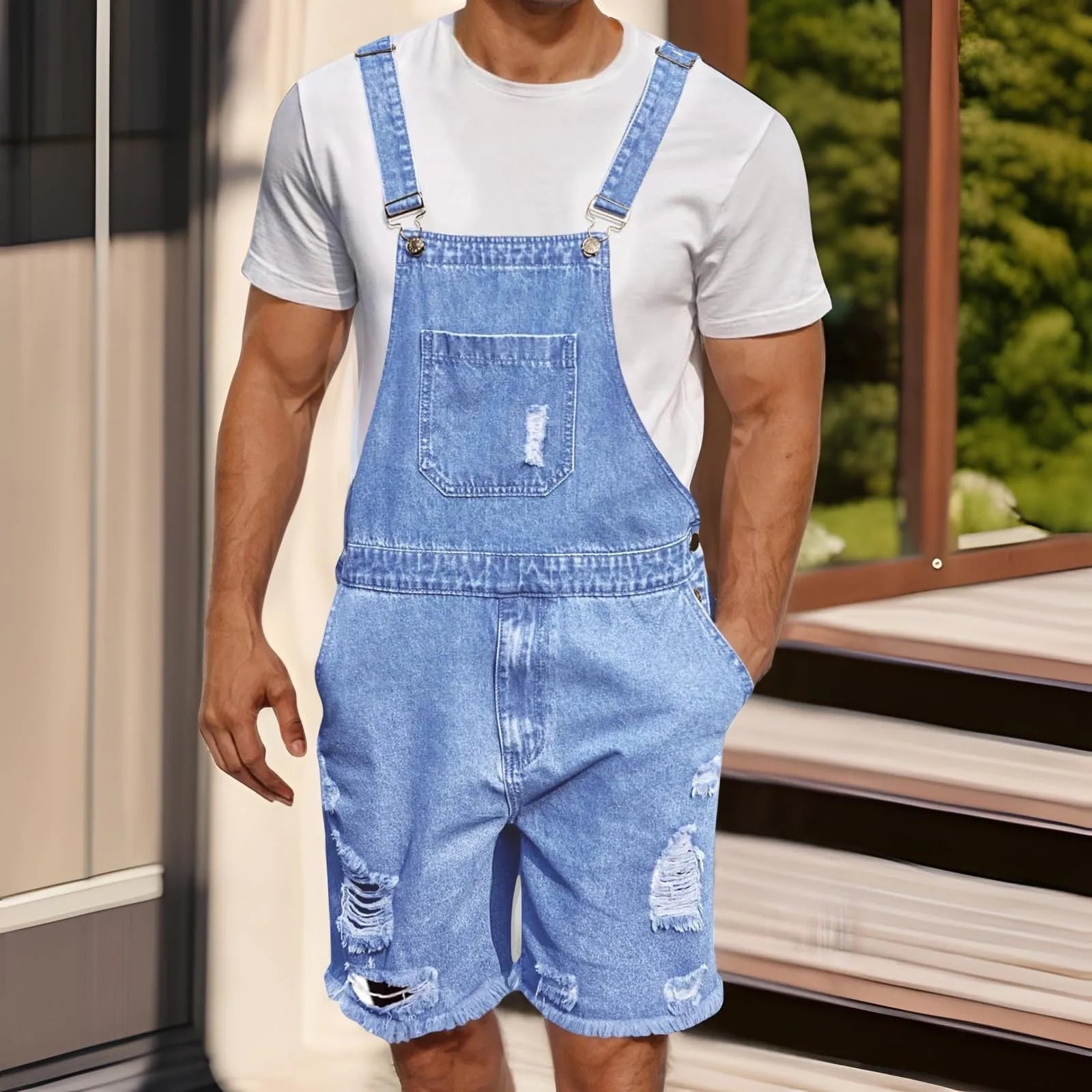 Summer Men's Vintage Jeans Overalls Elastic Denim Jumpsuit With Pockets Men Casual Button Suspenders Short Pants Oasis Select Light Blue L