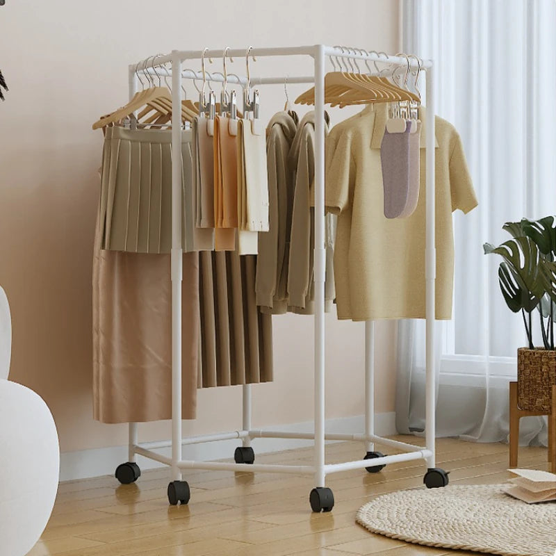 Hexagon Rotating Floor Clothes Rack Dormitory Coat Hanger Stand Indoor Drying Rack Movable Garment Organizer Hat Stand Oasis Select