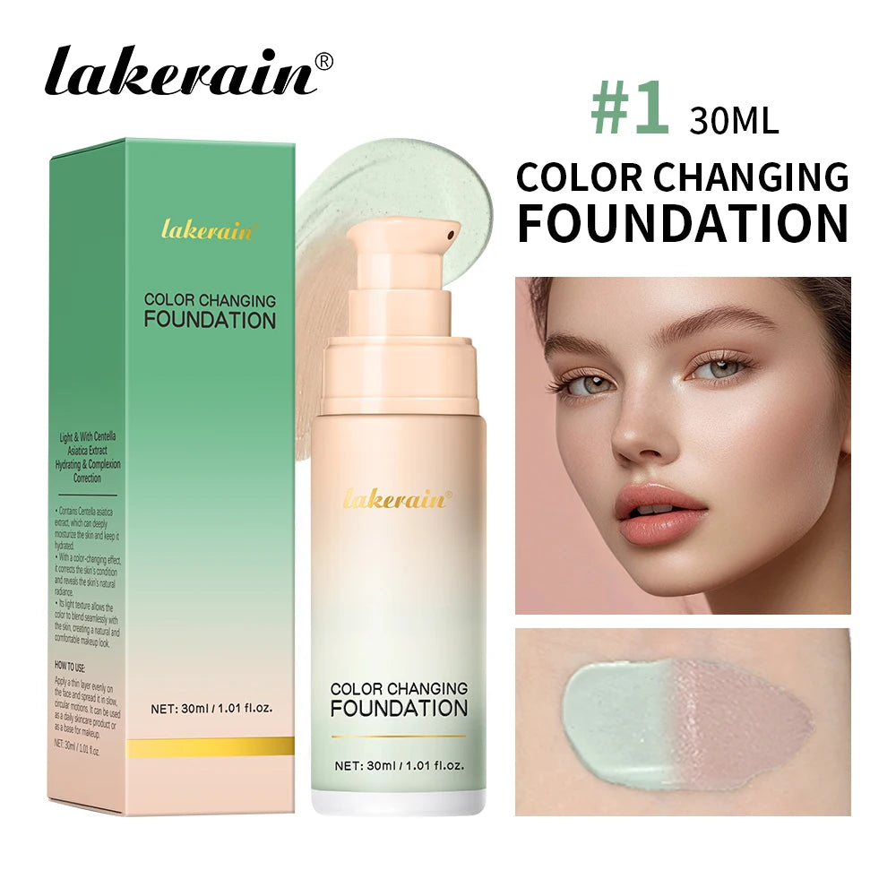 Lakerain 30ml Color Changing Foundation Long-lasting Moisturizing Even Skin Tone Liquid Coverage Lightweight Base Natural Makeup Oasis Select army green