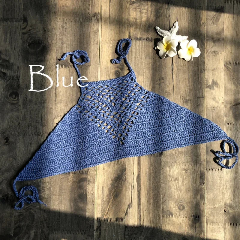 Hand Crochet Bikini Womens Sexy Beach Handmade Crochet Wrap Neck Bikini Bra Swimwear Swimwear Beachwear Womens Tops Oasis Select Blue One Size
