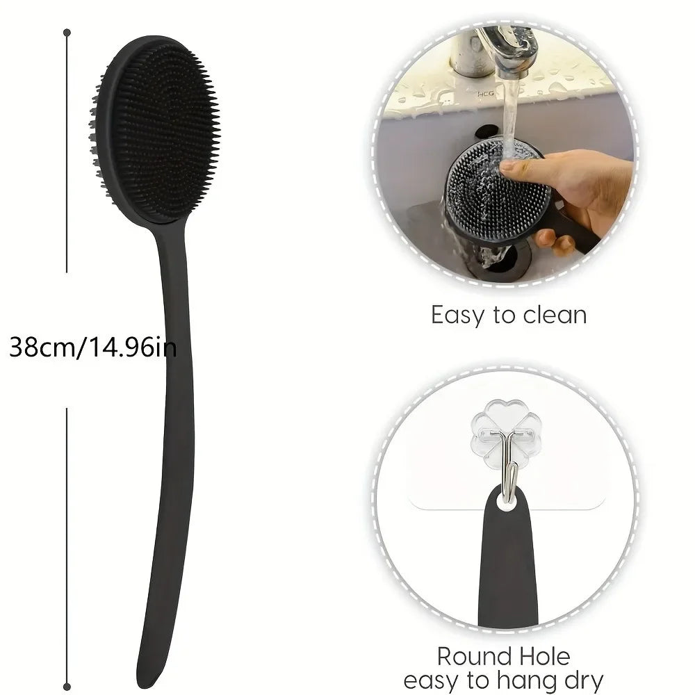 38cm Silicone Back Scrubber Brush for Shower Long Handle Body Deep Cleansing and Exfoliating Massage Double-Sided Soft Bristles Oasis Select