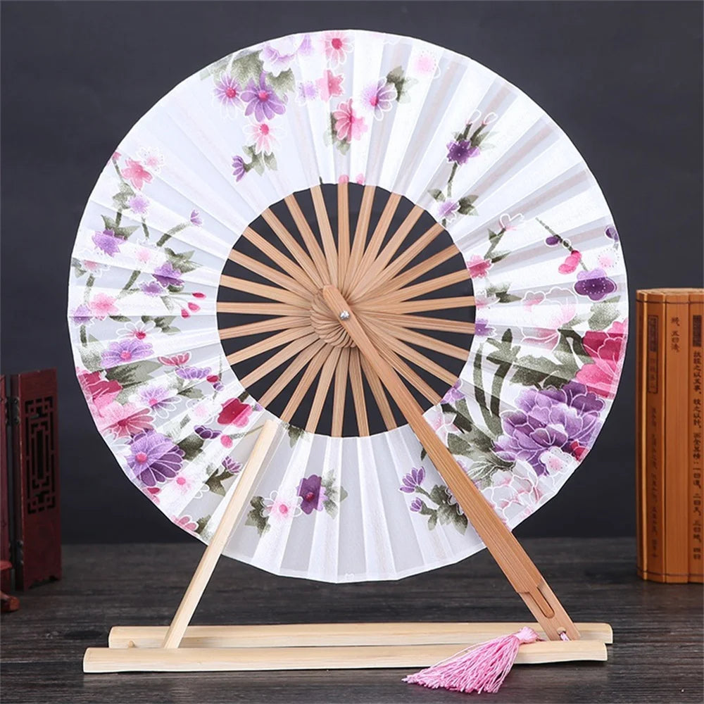 New Japanese Sakura Flower Pocket Folding Hand Fan Round Circle Party Decor Gift Bamboo Windmill Folding Fan Chinese Fans Oasis Select White