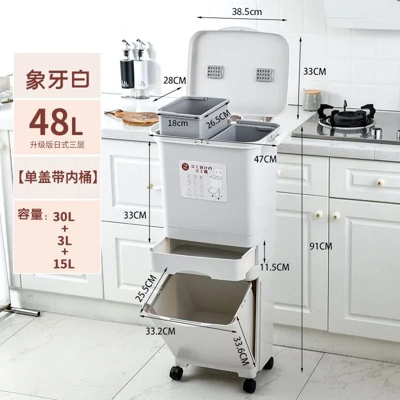 Japanese-style sorting trash can Double bucket Household large kitchen with lid Foot pedal Dry and wet plastic separation bucket Oasis Select 48L triple-double 1