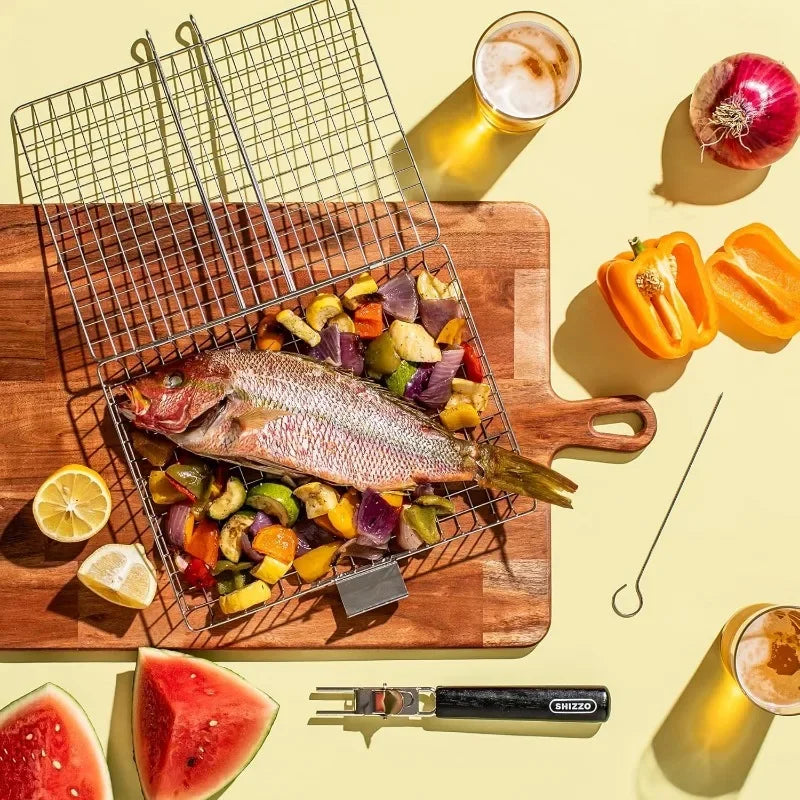 Portable Stainless Steel Folding Grill Basket BBQ Grill Basket With Handle for Fish Vegetables Shrimp Cook Accessories Outdoor Oasis Select