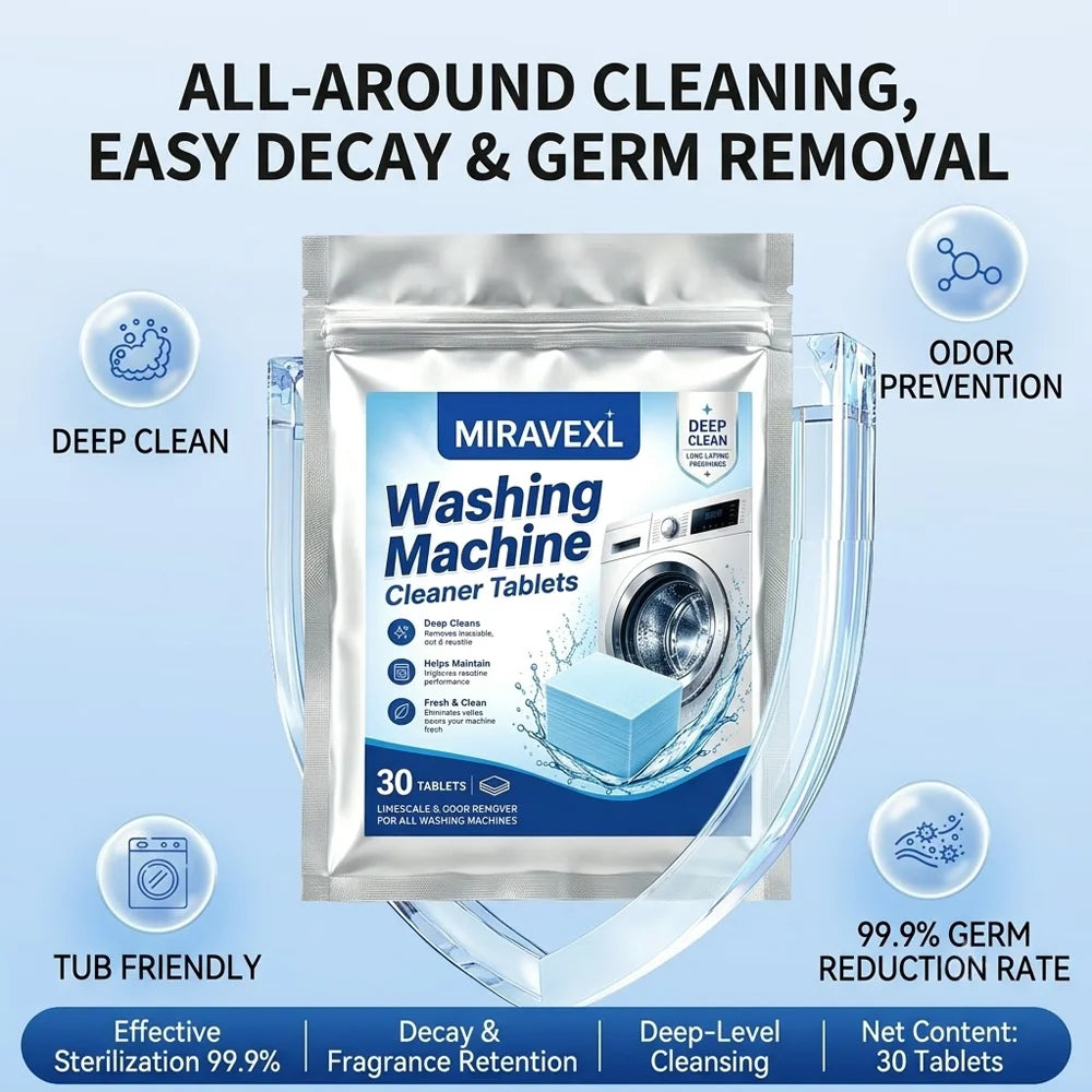 30Pcs Washing Machine Cleaner Tablets, Deep Clean Washer Tub Descaler Remove Limescale Mold Mildew Odor, Fit Front Load, etc. Oasis Select