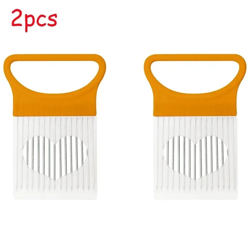 1-4pcs Stainless Steel Onion Holder Slicer Needle Fork Vegetable Fruit Slicer Tomato Cutting Holder Kitchen Tools Accessories Oasis Select orange-2pcs