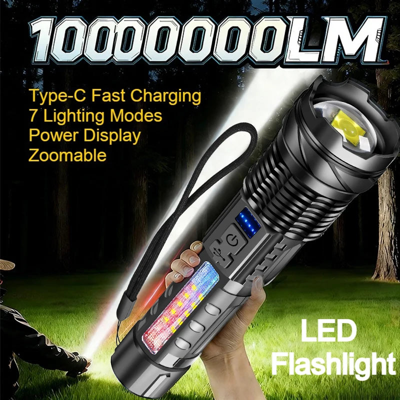 High Powerful LED Flashlight Rechargeable Waterproof Torch with Side Light 7 Modes Zoomable Lamp for Camping Fishing Lantern Oasis Select