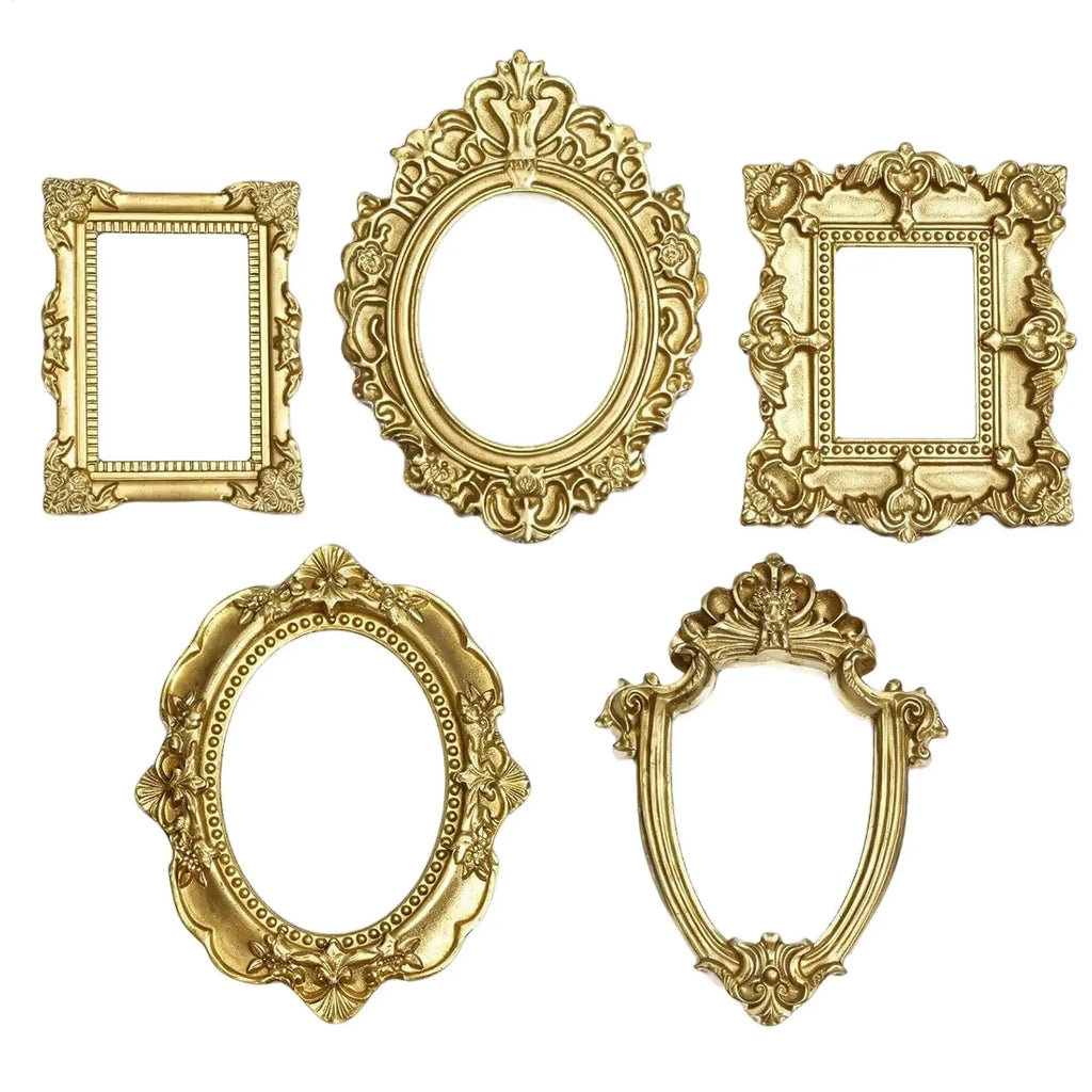 5-Pack Vintage Mini Picture Frames – Baroque Golden Resin Decor