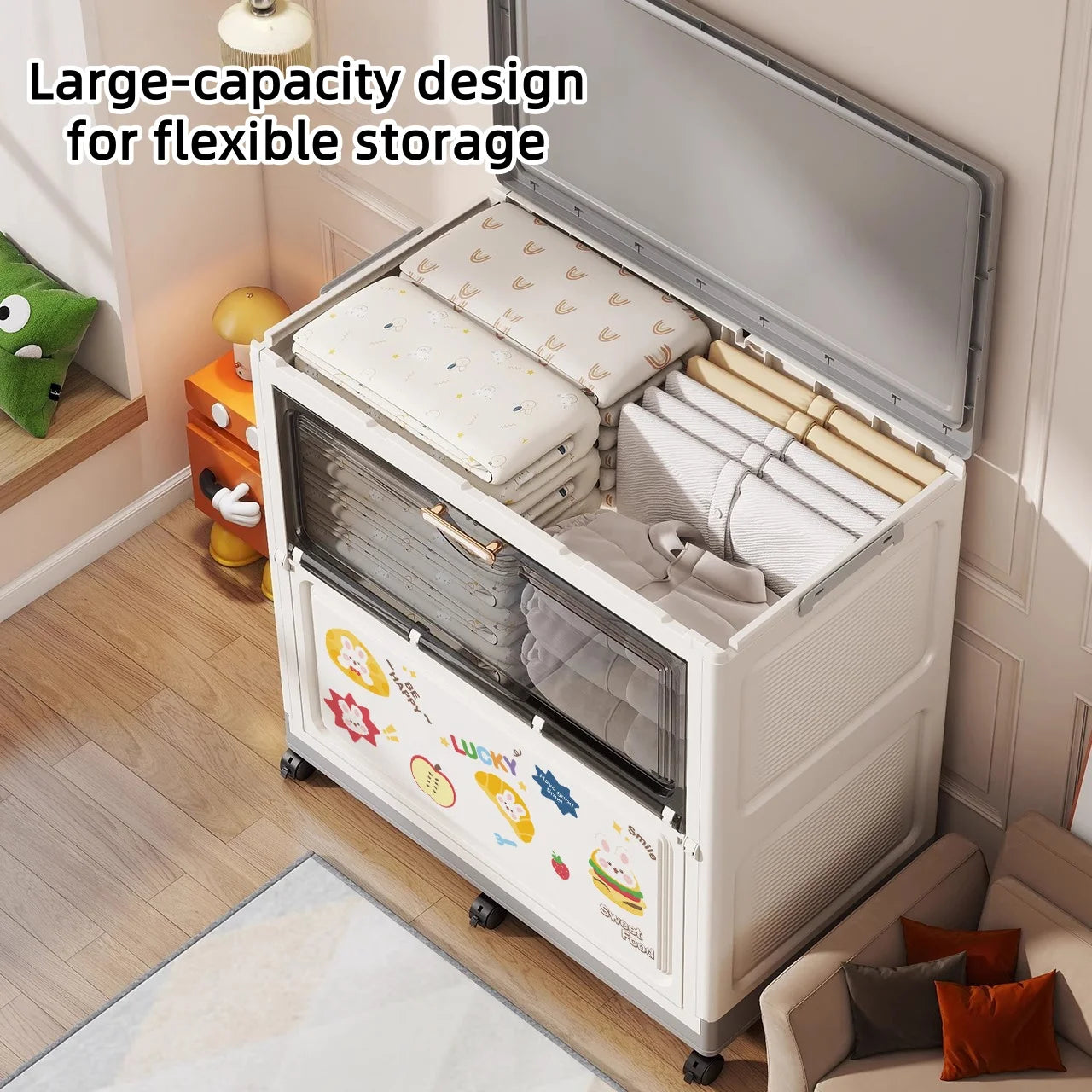 Cartoon Large Capacity Storage Box Foldable with Wheels Mobile Toy Organizer for Home Use Clothes Toys Bedding Oasis Select