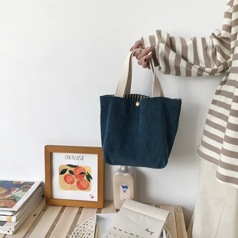 Lunch Bag Corduroy Canvas Lunch Box Drawstring Picnic Tote Eco Cotton Cloth Small Handbag Dinner Container Food Storage Bags Oasis Select Blue