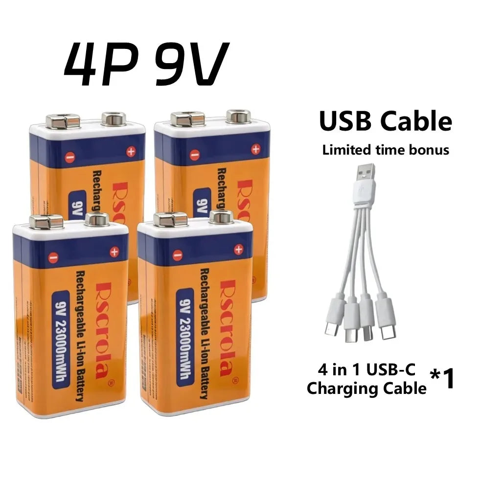Rscrola 9V USB-C Rechargeable Battery 23600mWh Li-ion Constant Voltage for Guitar Pedal Smoke Detector Multimeter, Long Life Wit Oasis Select 4 PCS Batteries 9v