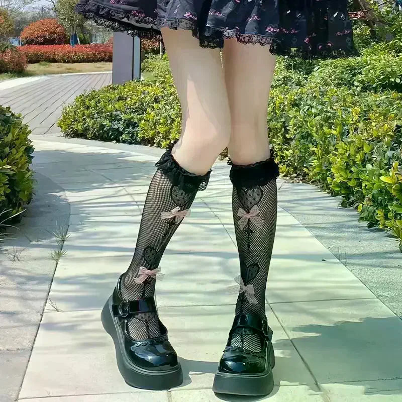Lolita Womens Sweet Lace Calf Socks 1 Pair Bow Tie JK Student Fishnet Style Mid Calf for College Outfits Or Daily Wear Oasis Select