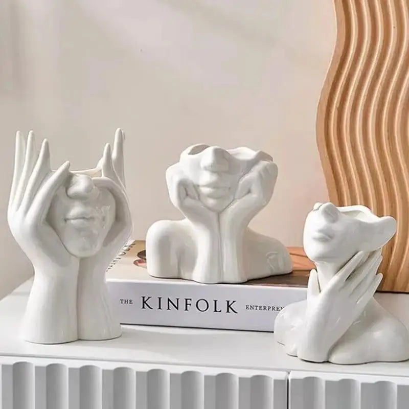 White Vase with Art Face Design, Creative Desktop Ornament Handmade Gift Modern Home Decor Oasis Select