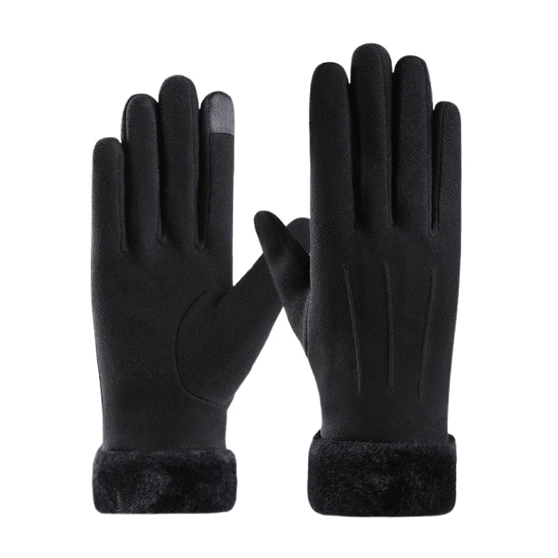 Autumn Winter Warm Suede Gloves Plus Velvet Thickened Plush Decor Cuff Gloves Outdoor Coldproof Touchscreen Riding Ski Gloves Oasis Select Black