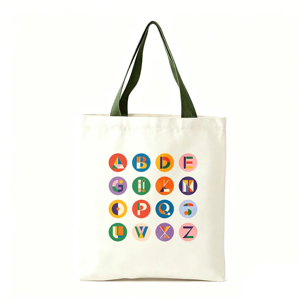 Vibrant Geometric Alphabet Canvas Tote Bag Large Cotton Shoulder Bag Student Travel Shopping Handbag Color Handle Oasis Select Army green
