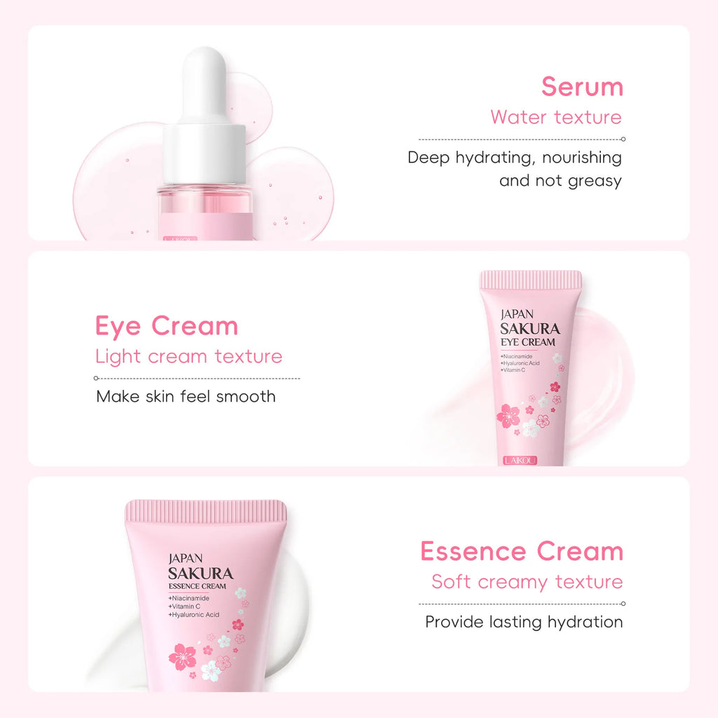LAIKOU Sakura 3Pcs Facial Kit Face Cream Serum Eye Cream Hydrating Moisturizing Soothing Mini Travel Skincare For Women Gift Oasis Select