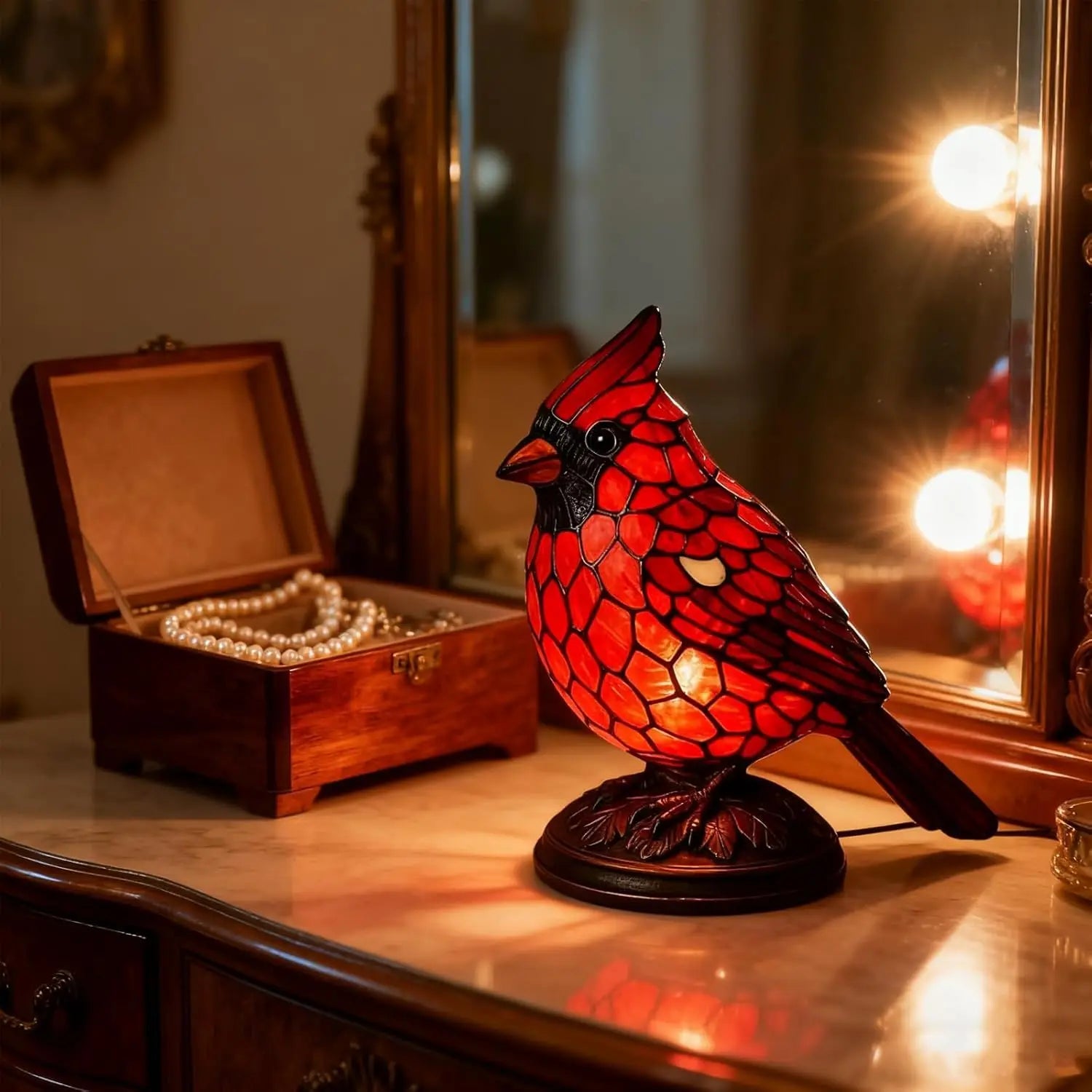 Stained Glass Lamp Handmade Cardinal Bird Lamp Cardinalis Night Light Resin Handmade Red Bird Lamp For Christmas Bedside Table Oasis Select
