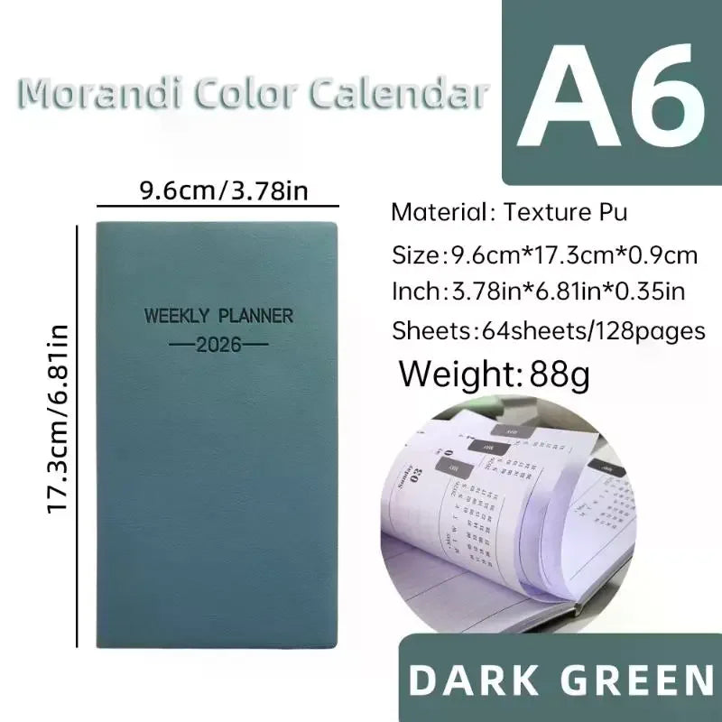 1pc A6 Size 2026 Daily Planner, Morandi Color Leather Calendar, 64 Sheets 128 Page Thin Weekly Calendar Book Oasis Select