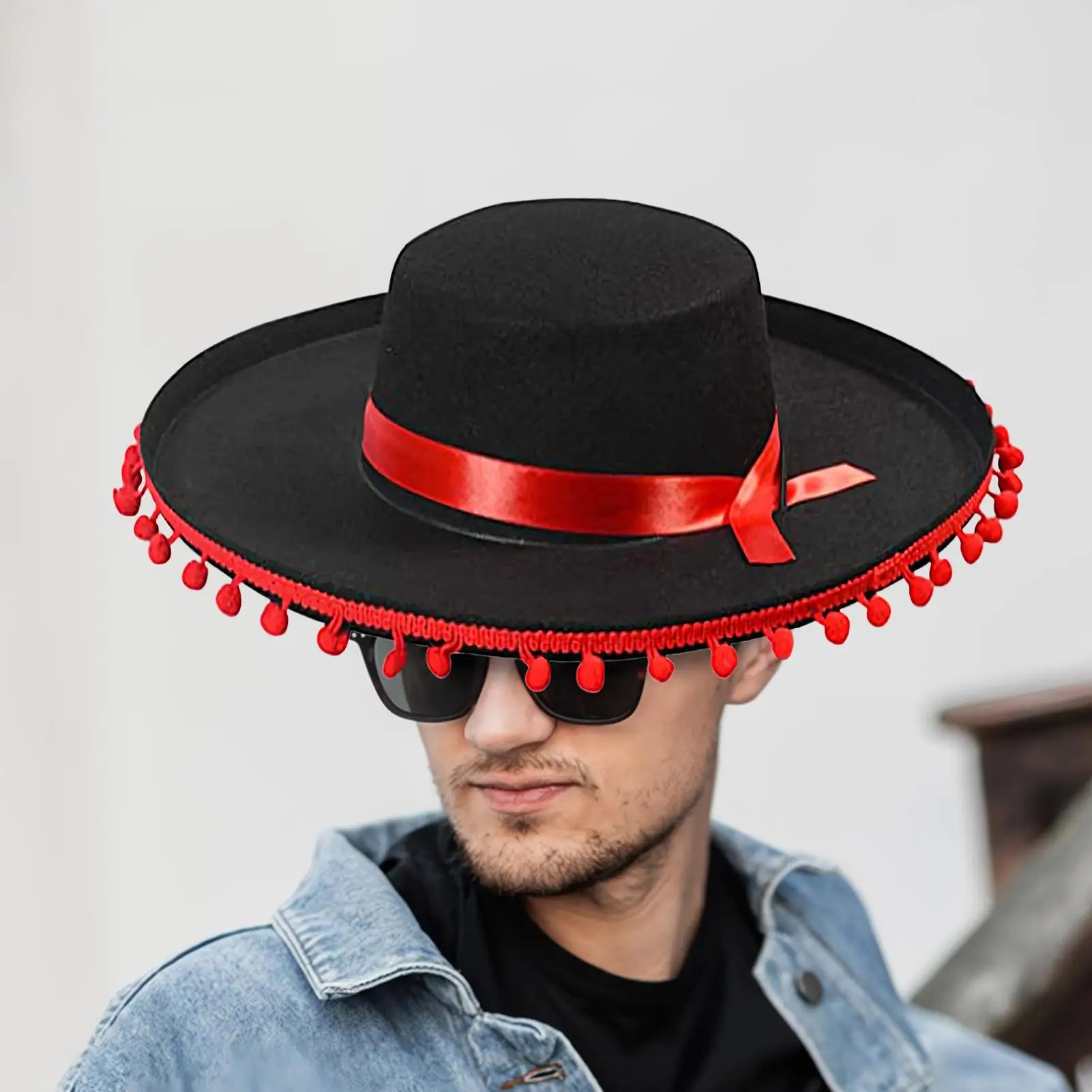 Mexican Sombrero Hat Large Festival Sombrero Party Hats Wide Brim Cosplay Costume with Pom-Poms Spanish Outfit Accessories Oasis Select