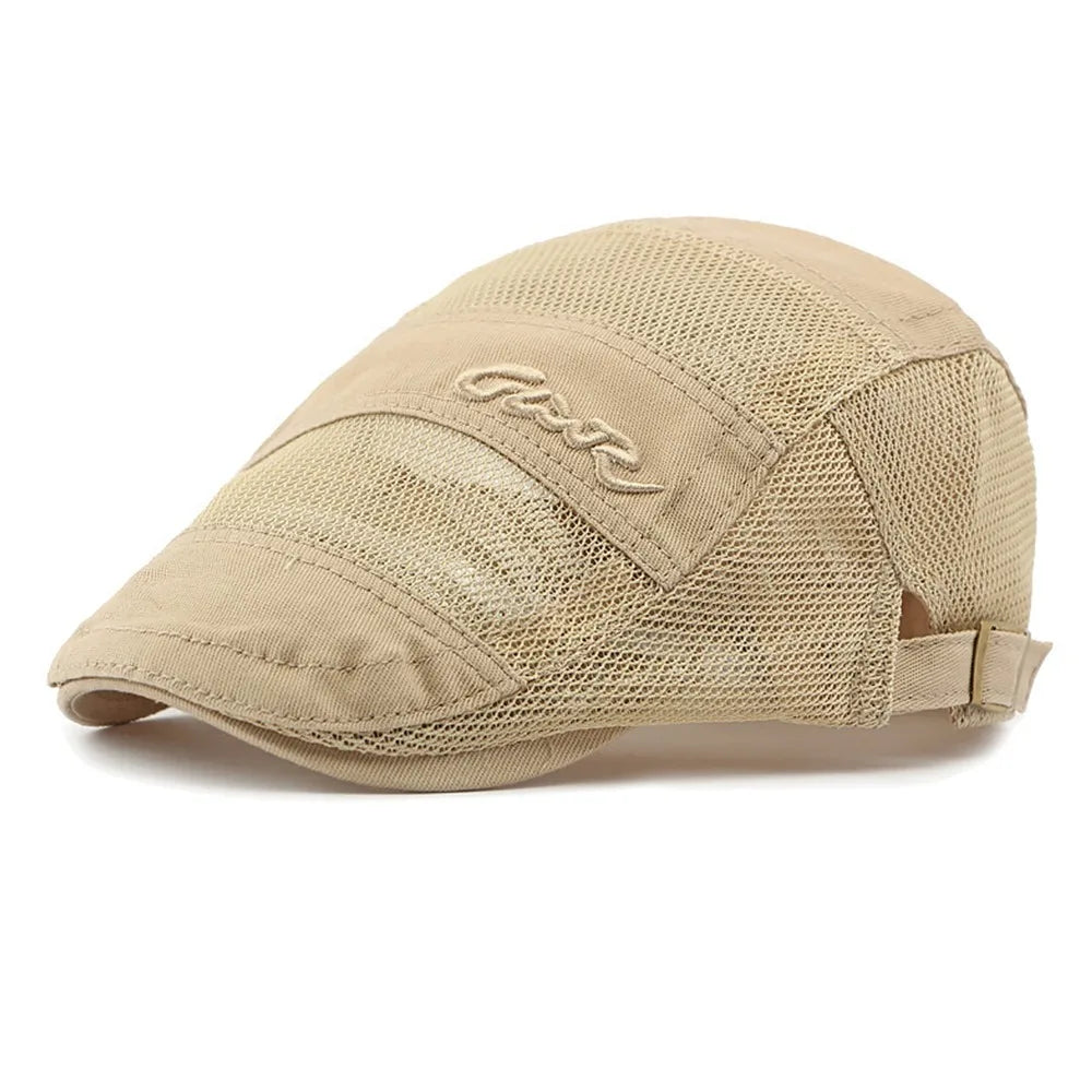 New Vintage Mesh Beret Breathable Casual Visor Hat Cotton Letter Print Sun Hat Outdoor Sun Protection Oasis Select Khaki