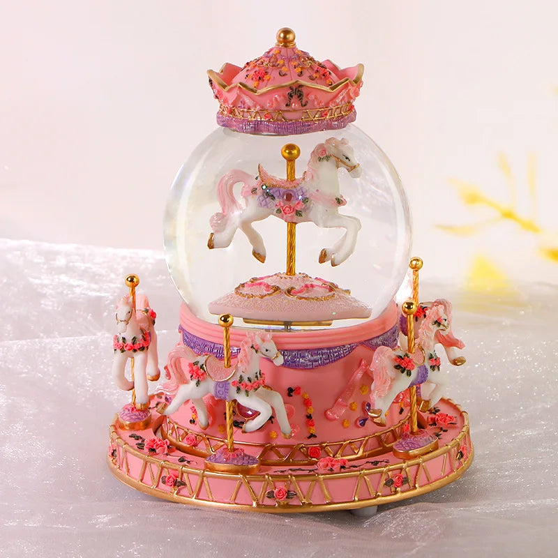European-style Painted Crystal Ball Music Box Resin Carousel Christmas Gift Carousel Gift for Girlfriend Birthday Music Boxes Oasis Select Pink