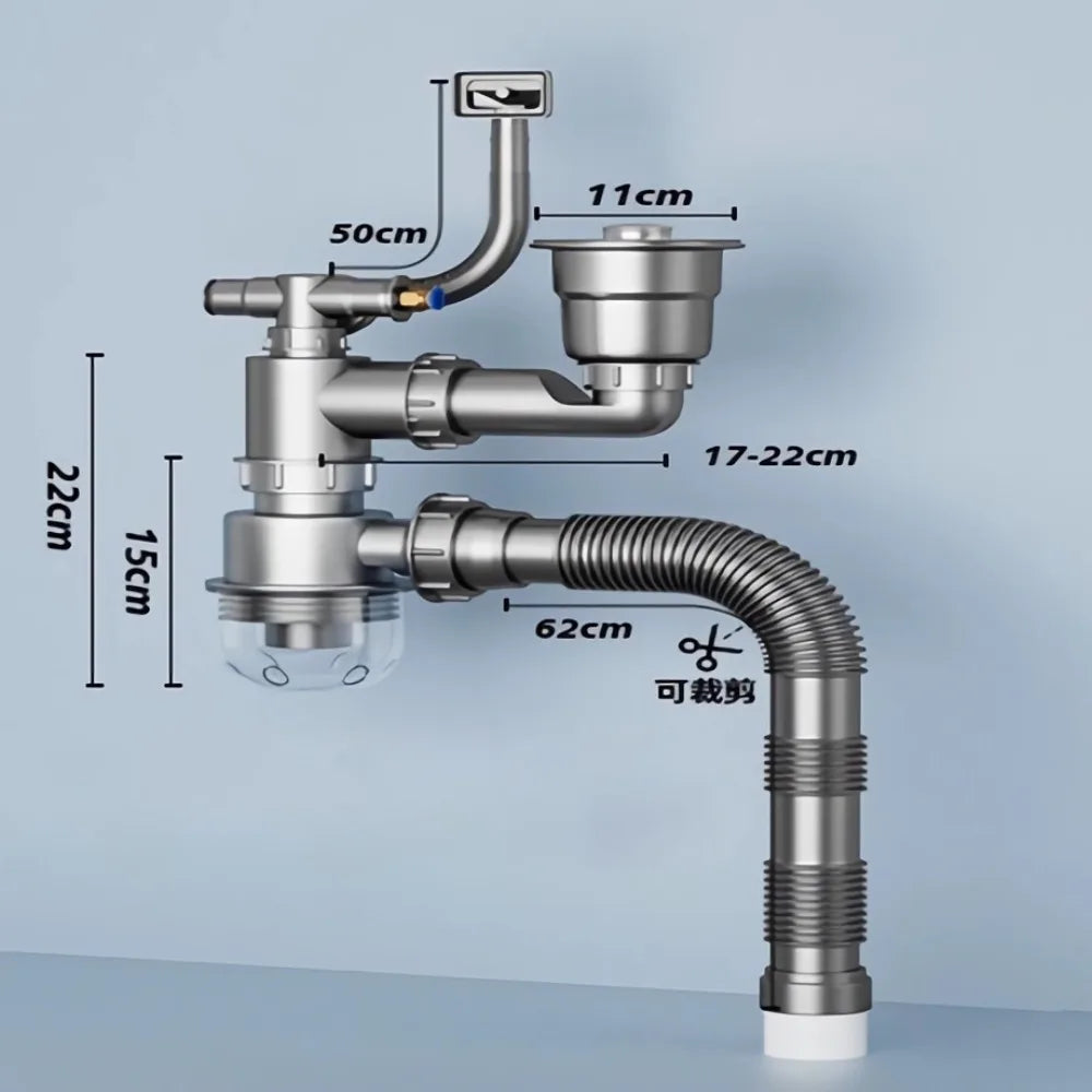 Plastic Sink Drain Pipe Set Easy Install Space Saving Sewer Replacement Pipe Single/Double Bowl Anti-Leak Drainage Kit Kitchen Oasis Select Single-slot Style 1