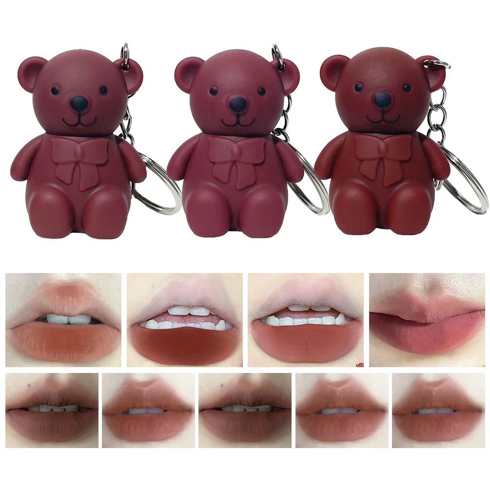 Cute Bear Keychain Matte Lip Mud – Velvet Liquid Lipstick
